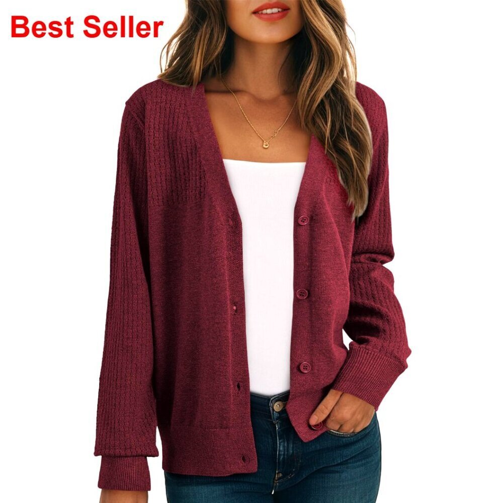 Wool Blend Cardigan Sweater Long Sleeve Button Down Hollow Out Knit Top